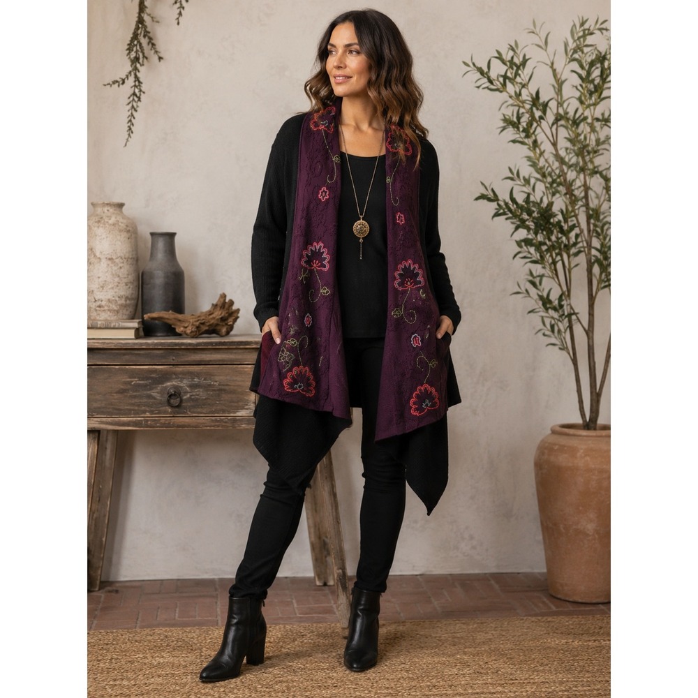 Simply Natural Alpaca Blend Embroidered Cardigan Women's L Asymmetrical Peru